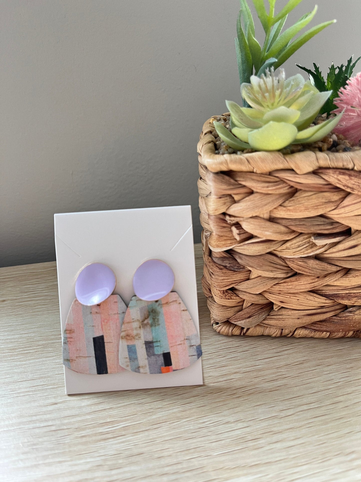 Abstract Print Cork Earrings with Lavender Enamel Posts