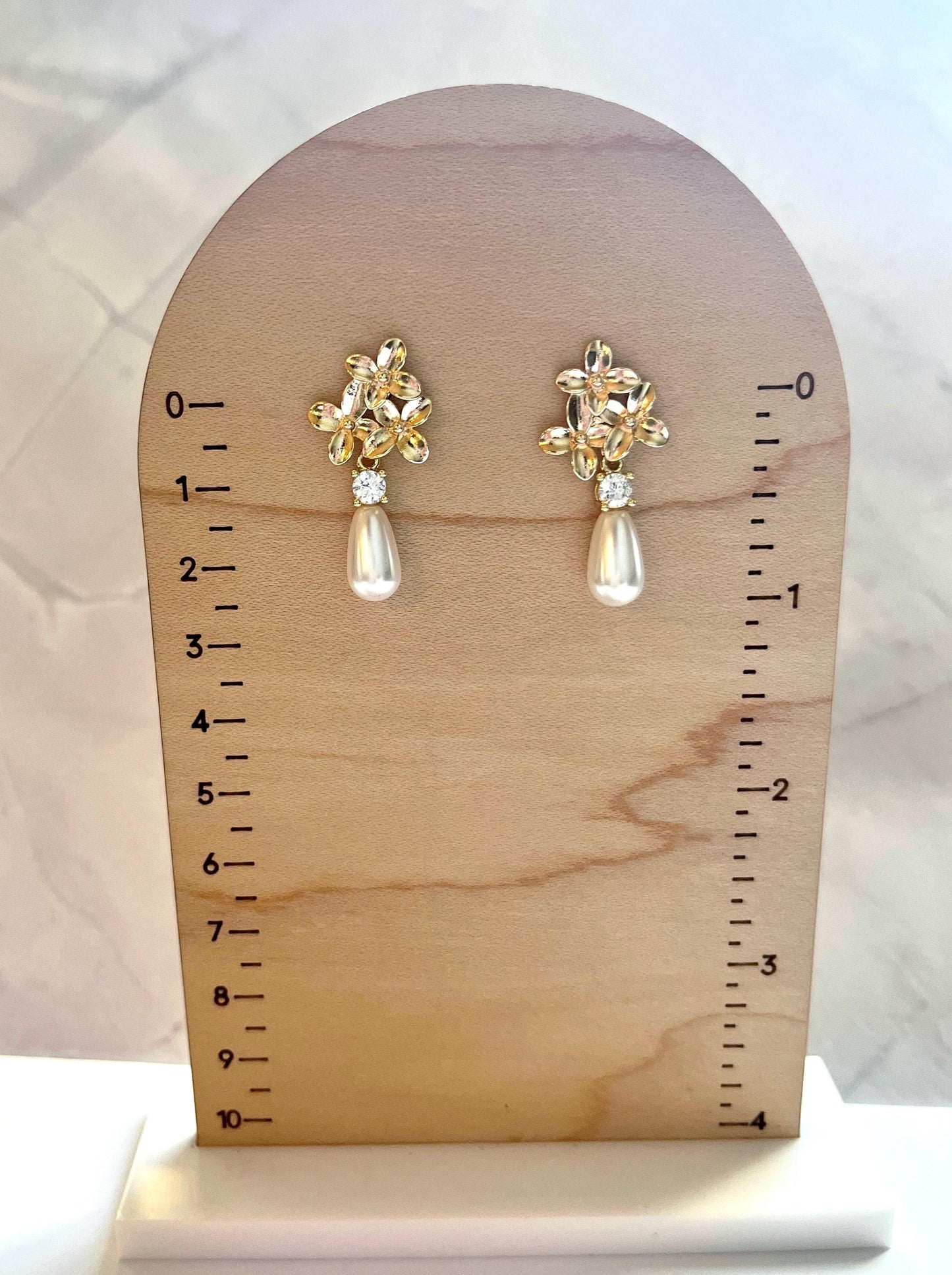 Sparkly Pearl Drop Earrings with Gold Floral Bouquet Posts