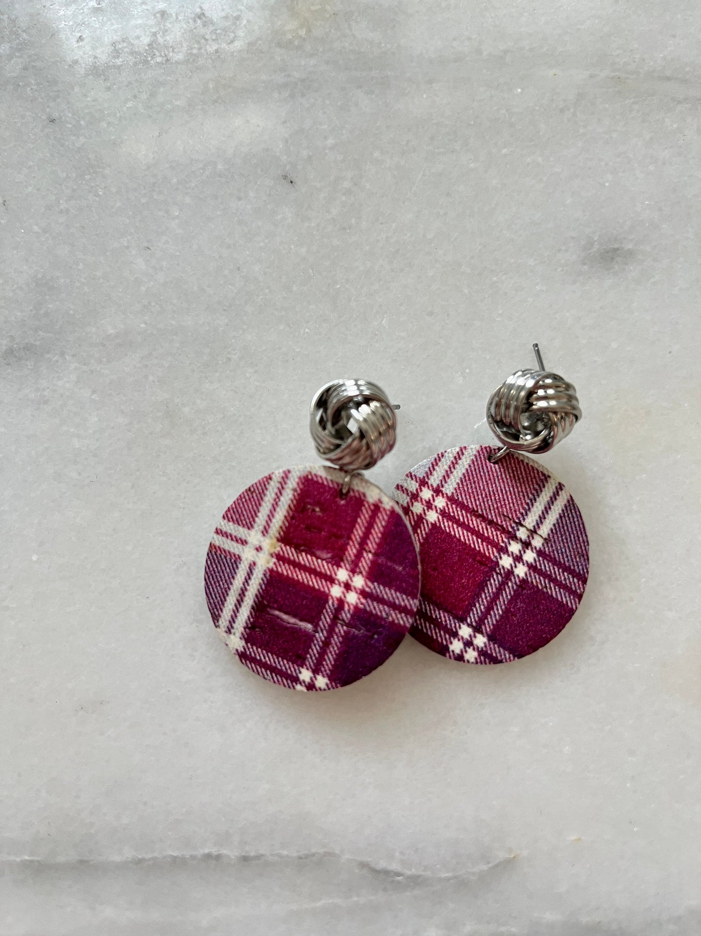 Tartan Plaid Cork Earrings with Silver Bow Knot Posts