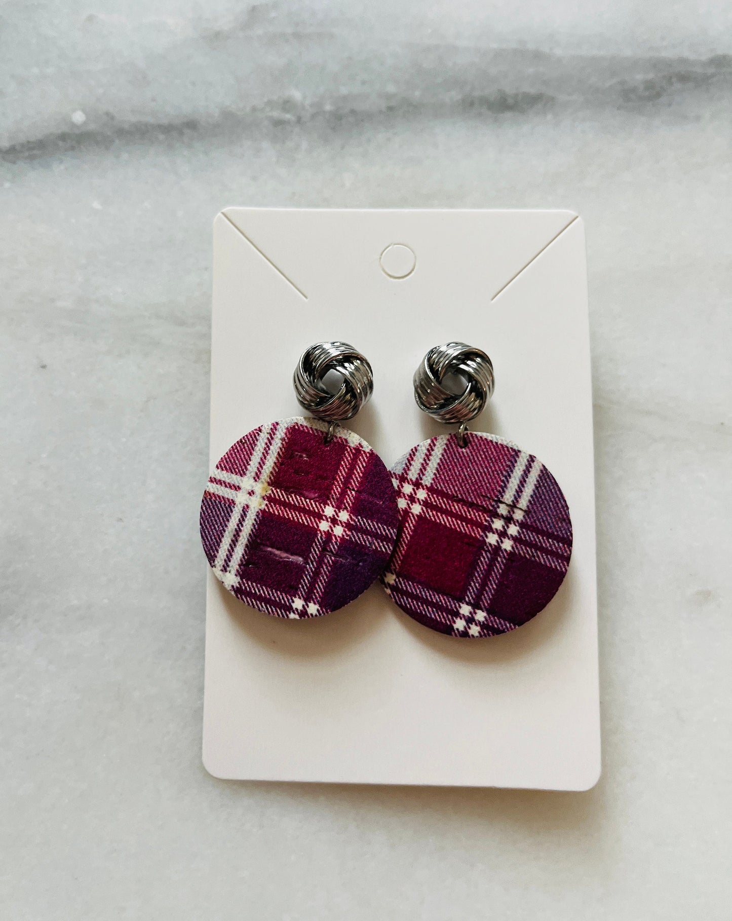 Tartan Plaid Cork Earrings with Silver Bow Knot Posts