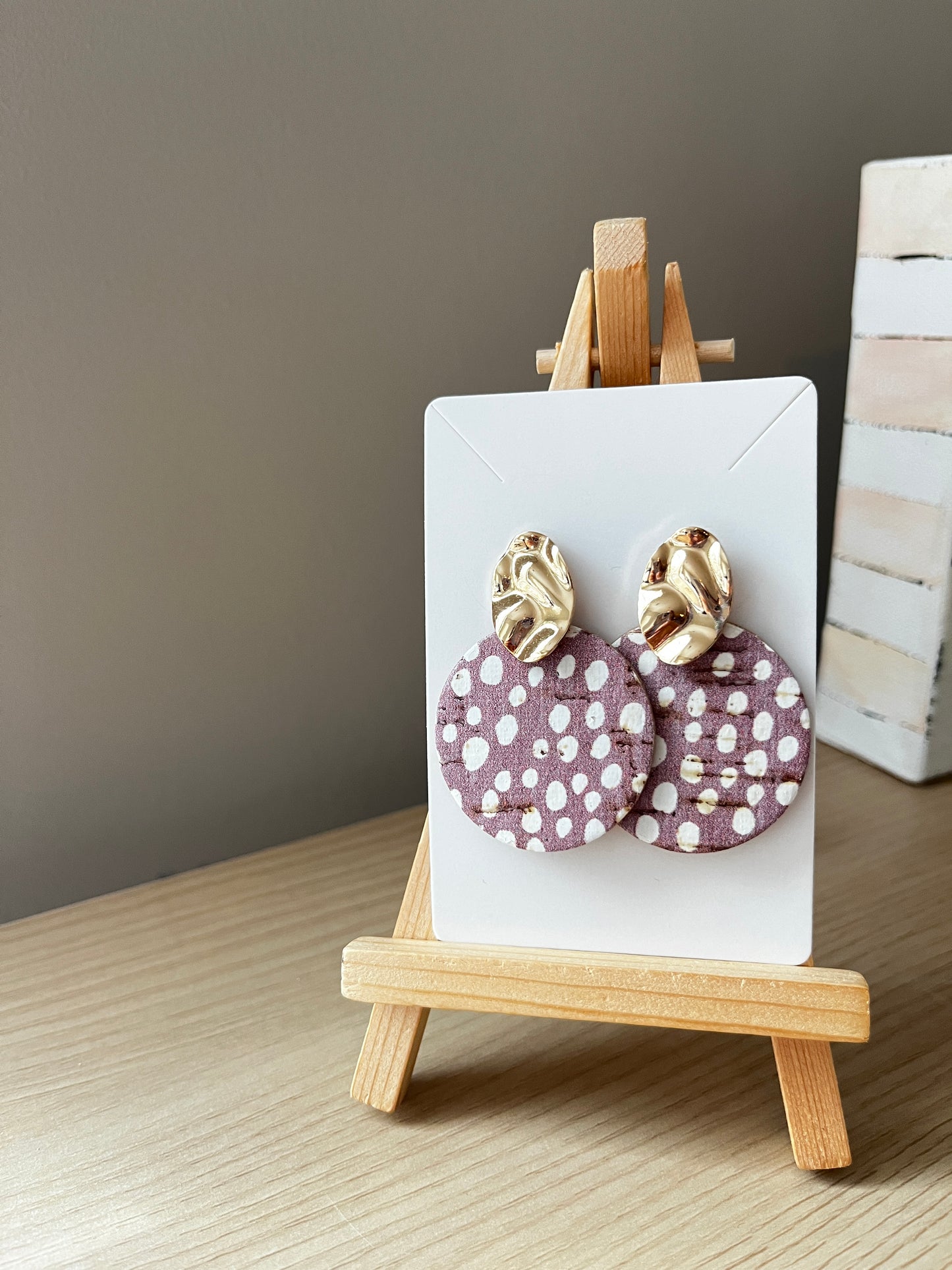 Mauve Polka Dot Cork Circle Earrings