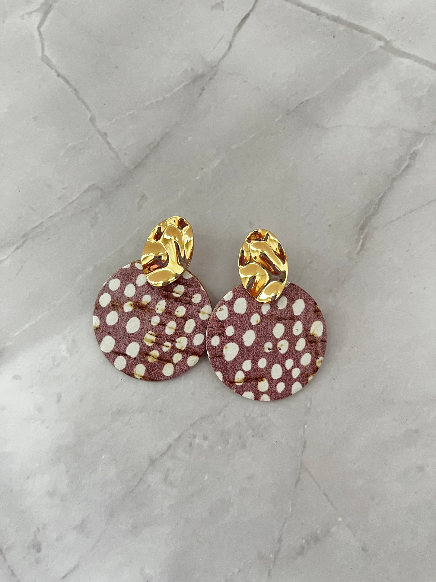 Mauve Polka Dot Cork Circle Earrings