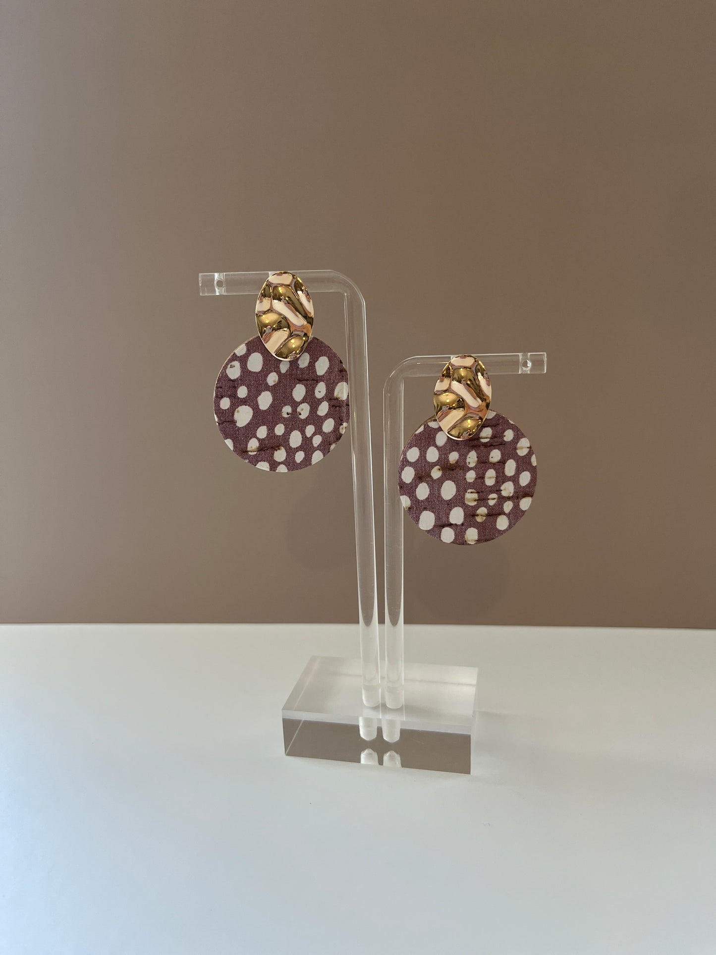 Mauve Polka Dot Cork Circle Earrings