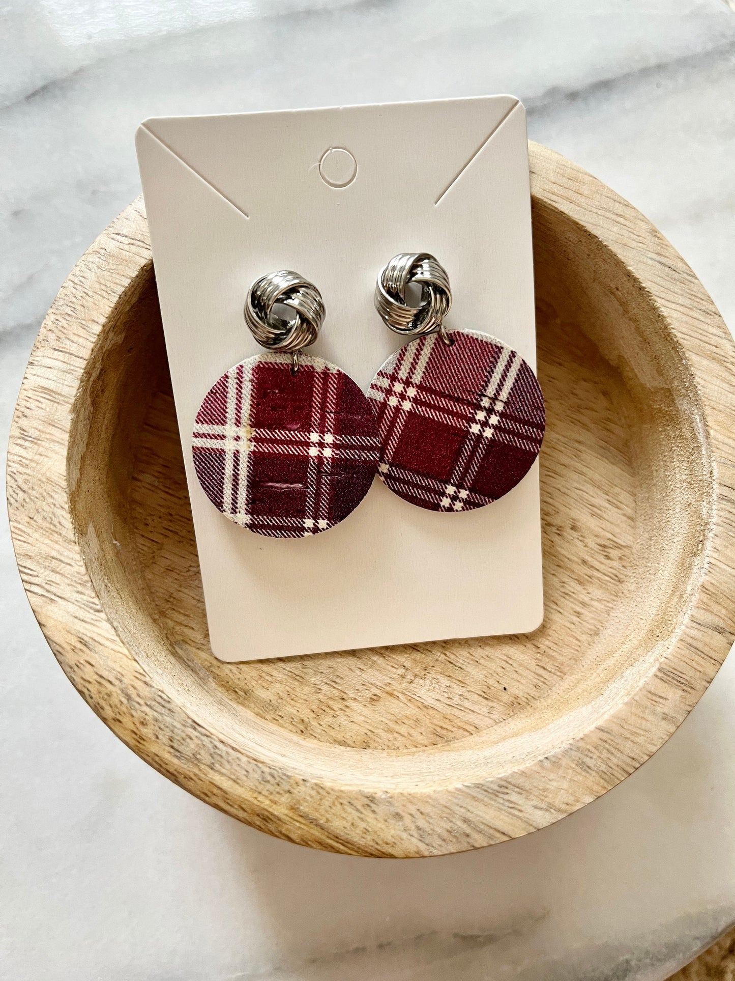 Tartan Plaid Cork Earrings with Silver Bow Knot Posts