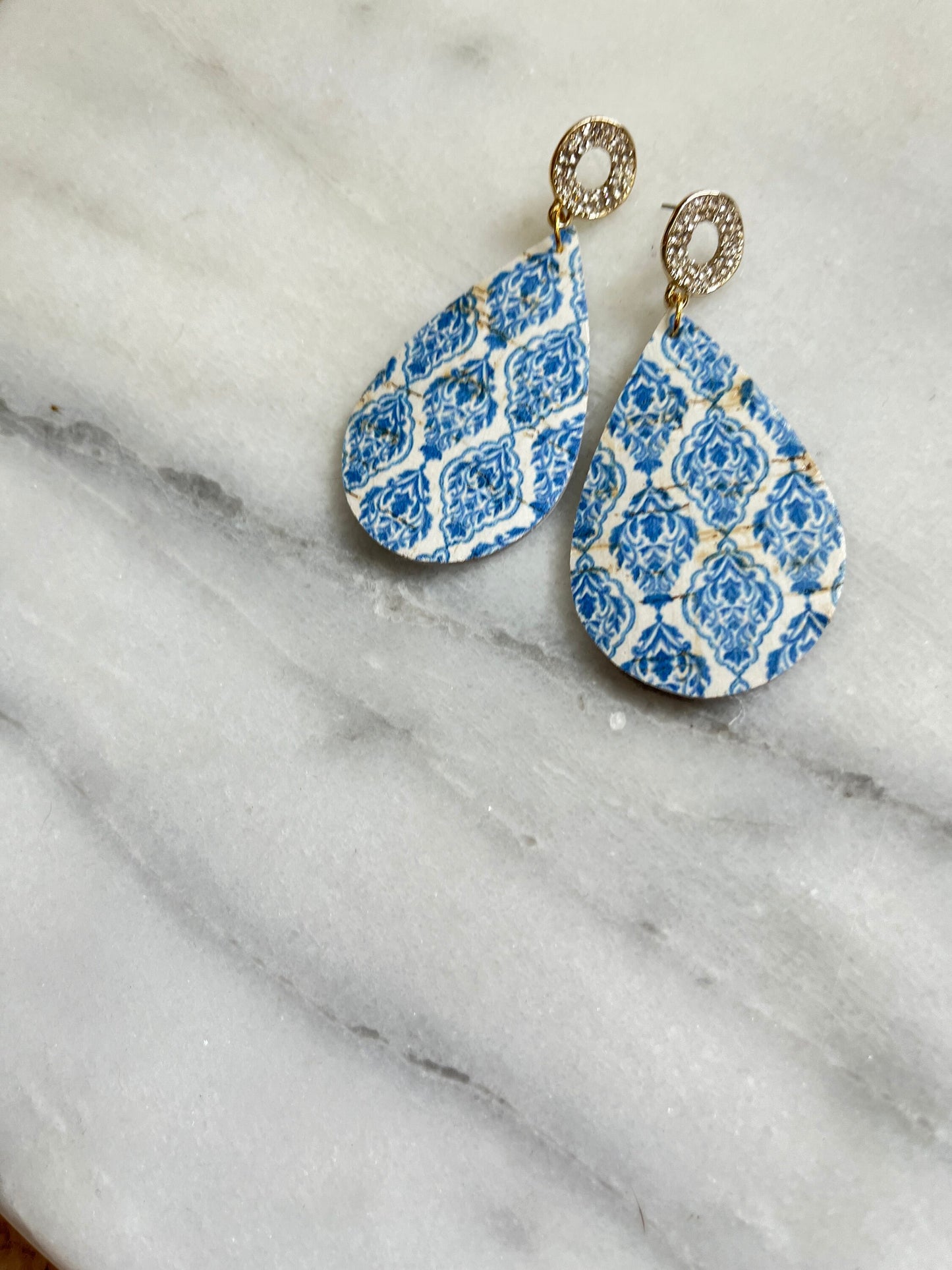 Blue & White Chinoiserie Teardrops with Sparkly Posts