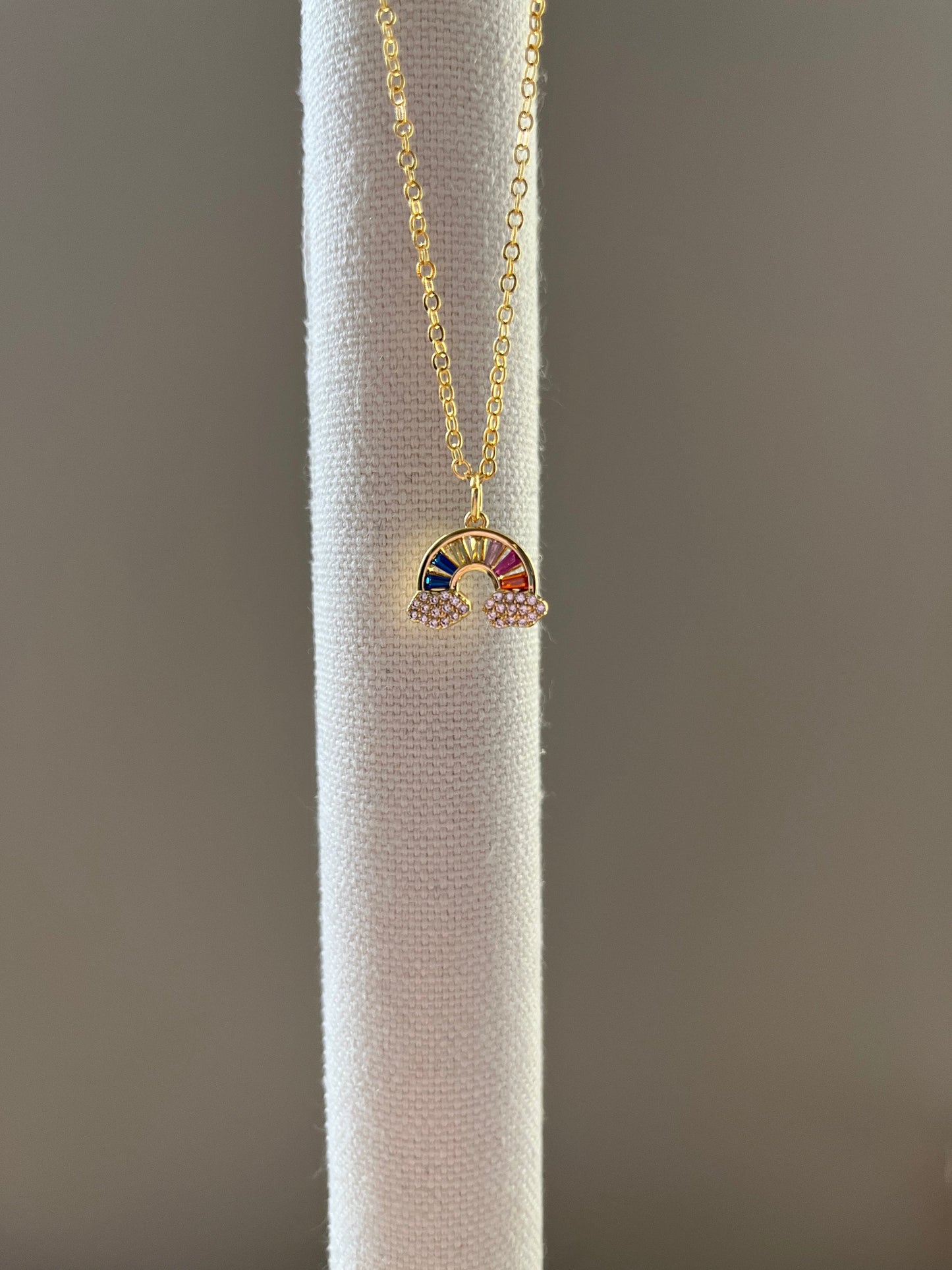 Sparkly Rainbow and Clouds Gold Charm Necklace