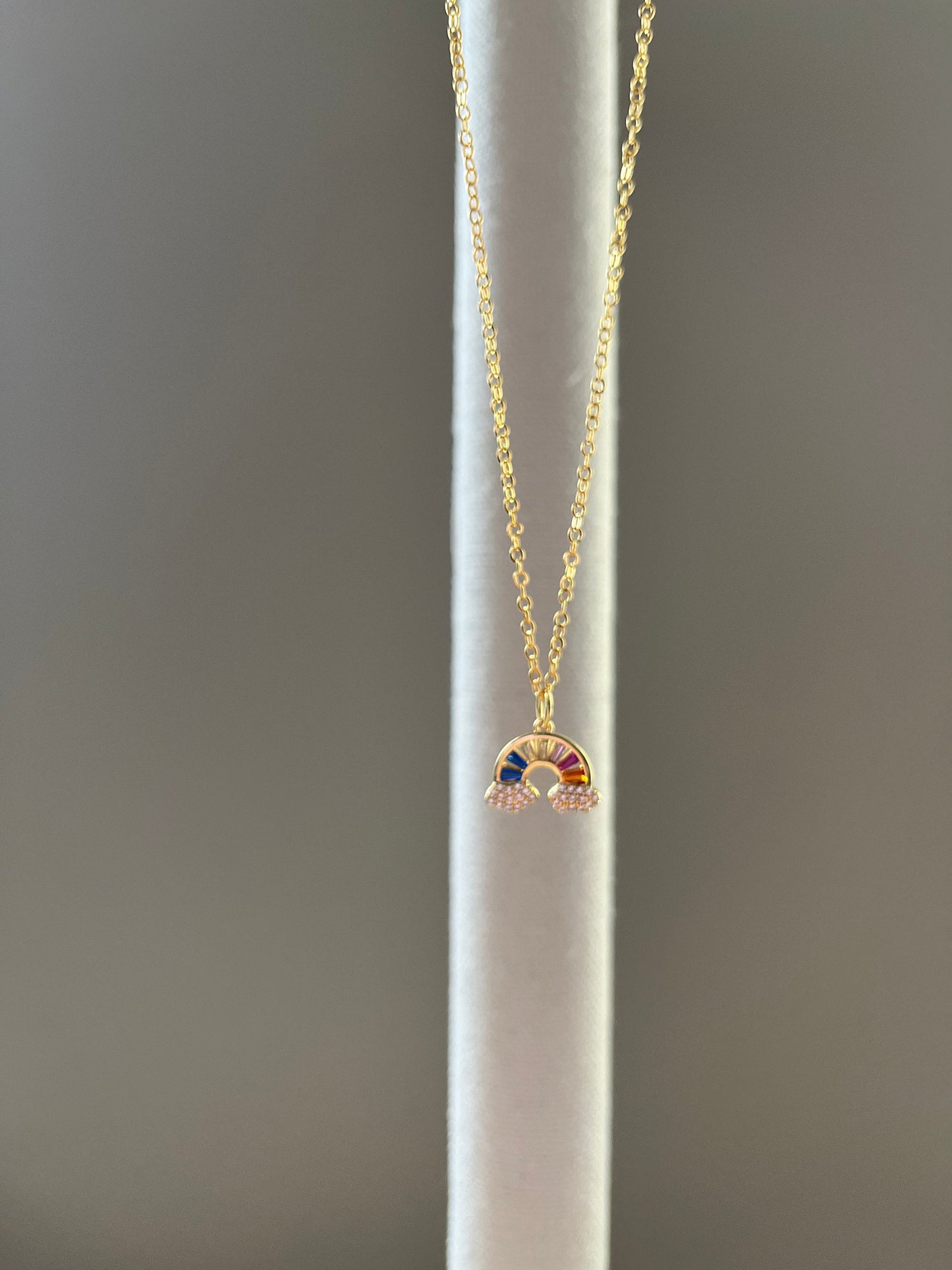 Sparkly Rainbow and Clouds Gold Charm Necklace