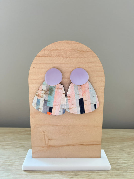 Abstract Print Cork Earrings with Lavender Enamel Posts