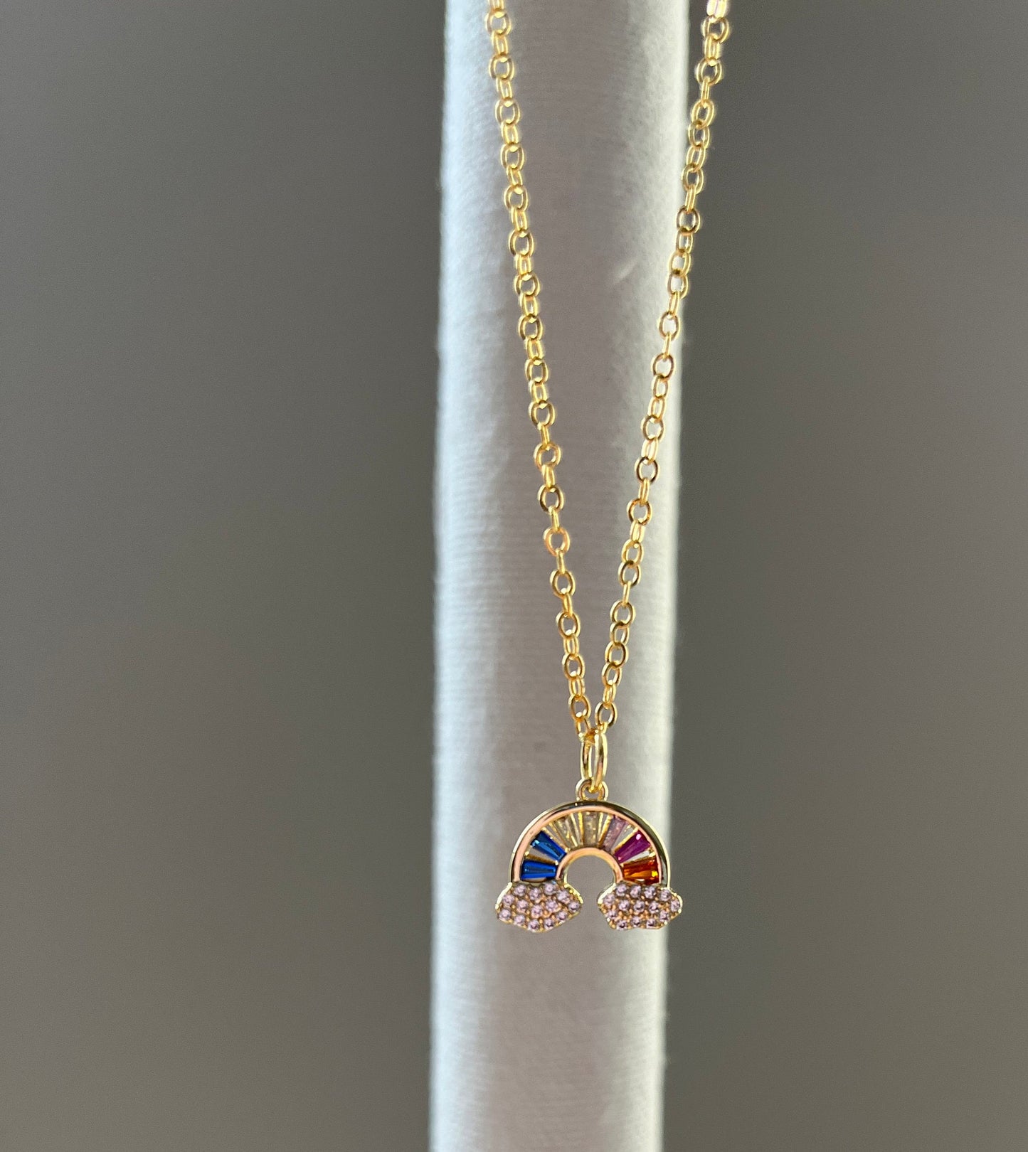 Sparkly Rainbow and Clouds Gold Charm Necklace