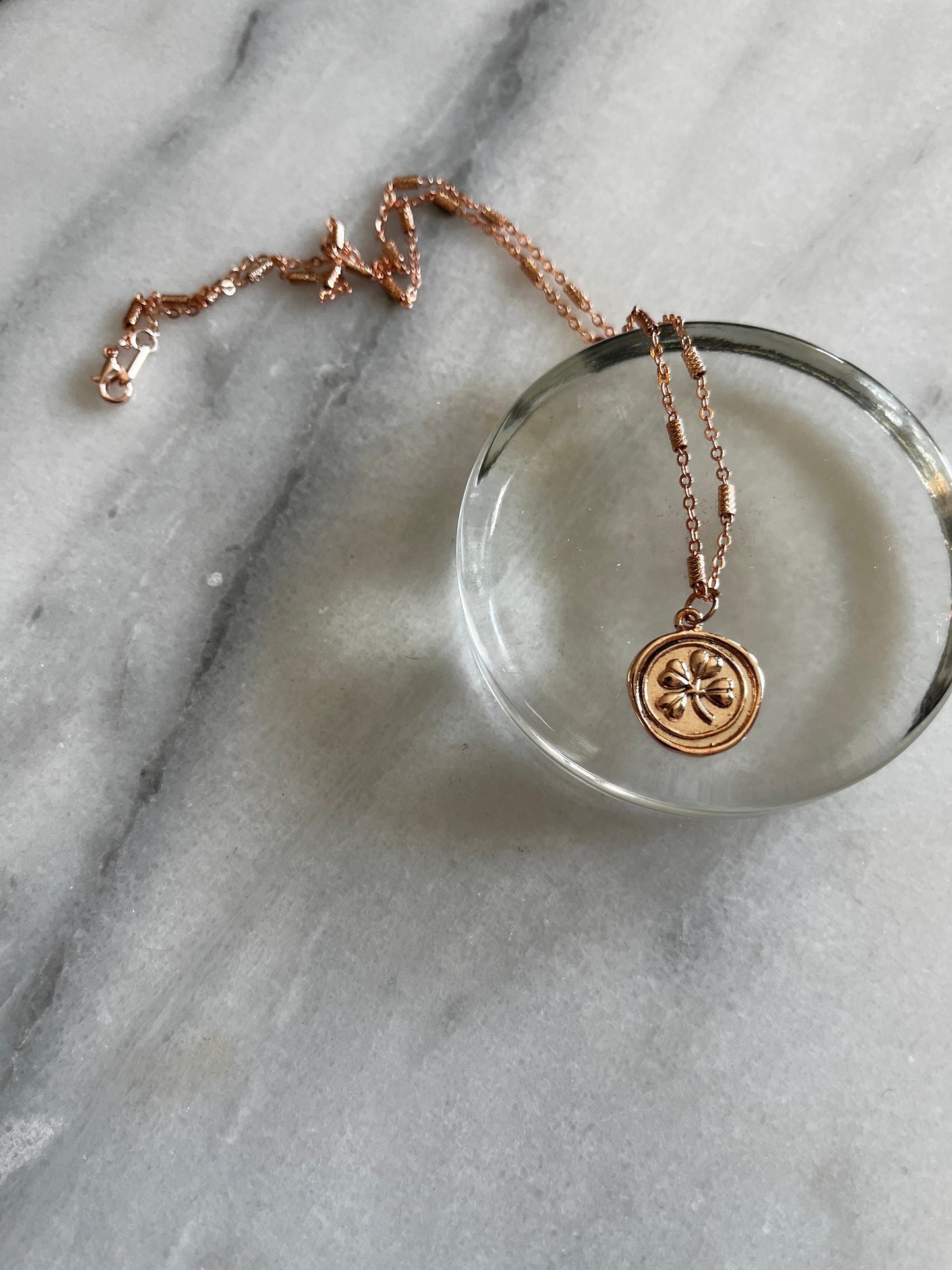 Rose Gold Shamrock Charm Necklace with Textured Chain