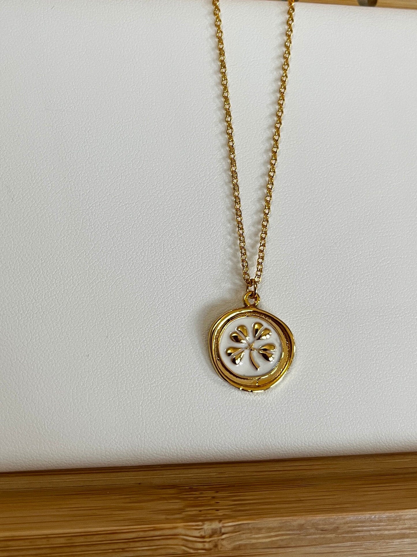 Shamrock  Gold and White Enamel Charm Necklace