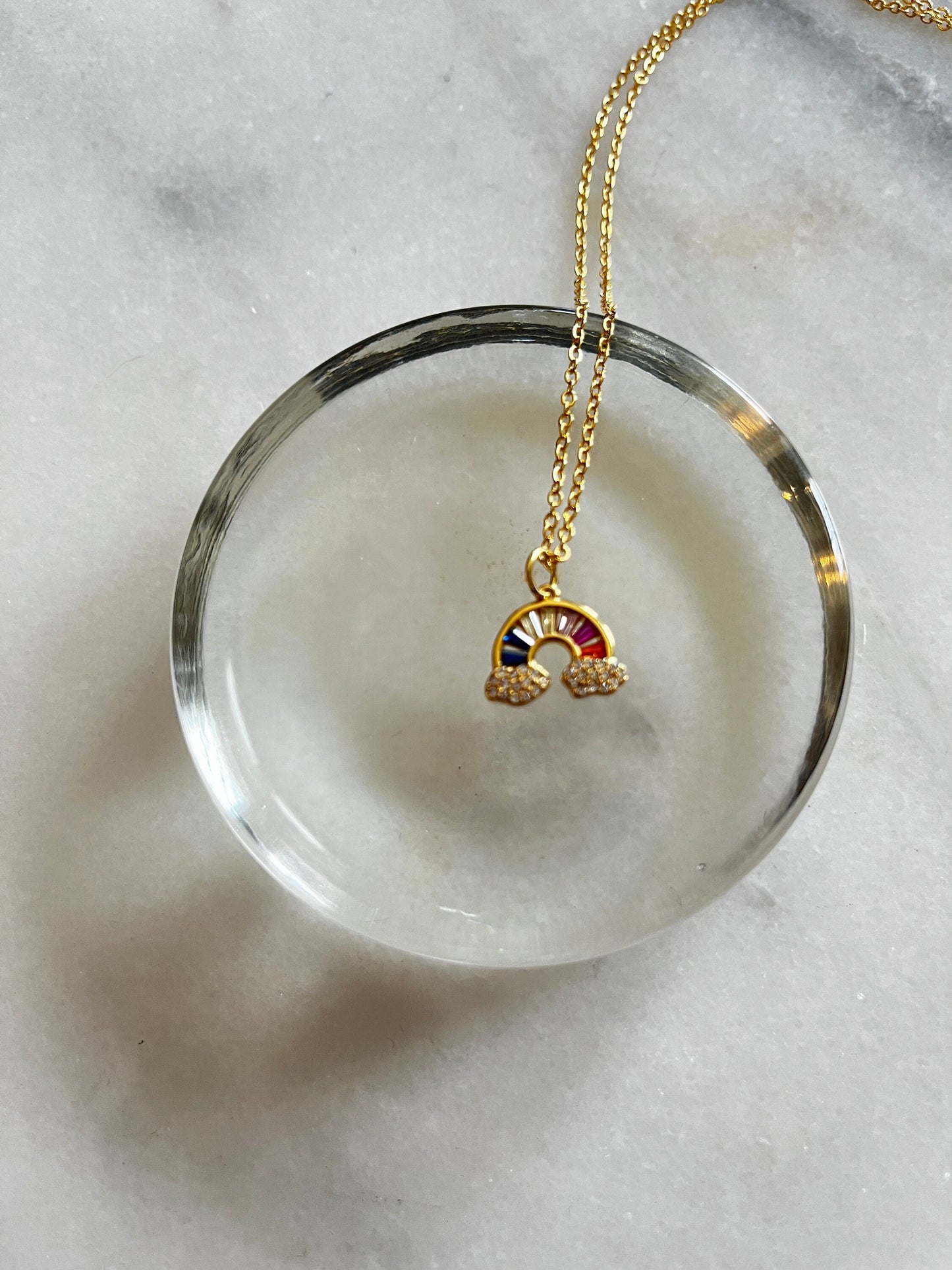 Sparkly Rainbow and Clouds Gold Charm Necklace