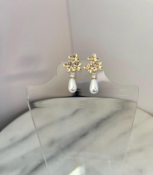 Sparkly Pearl Drop Earrings with Gold Floral Bouquet Posts