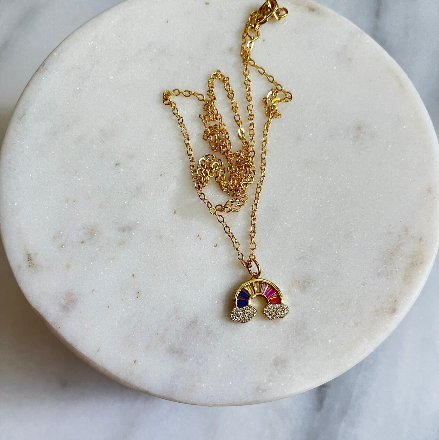 Sparkly Rainbow and Clouds Gold Charm Necklace