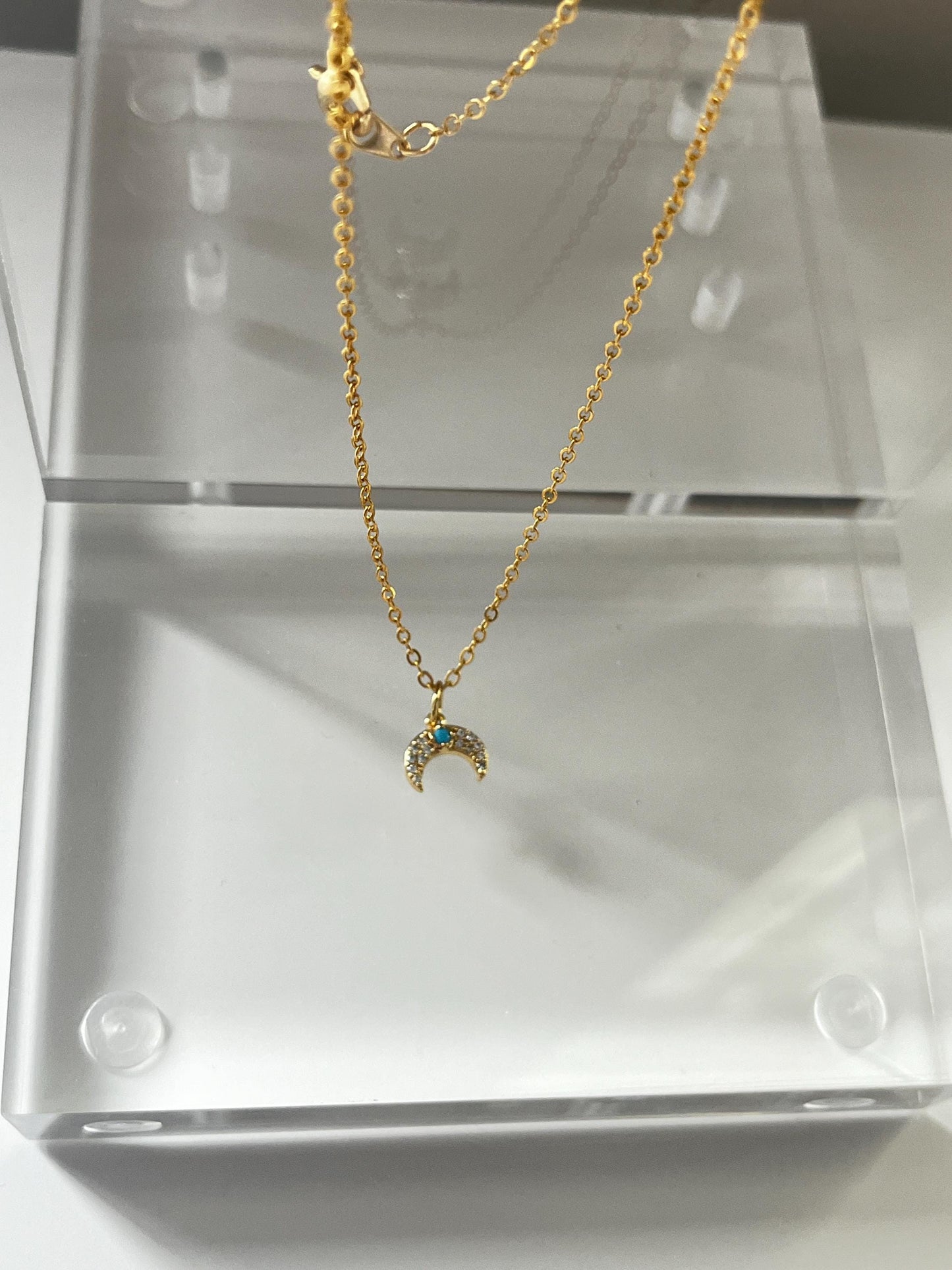 Tiny Sparkly and Turquoise Horn Gold Charm Necklace