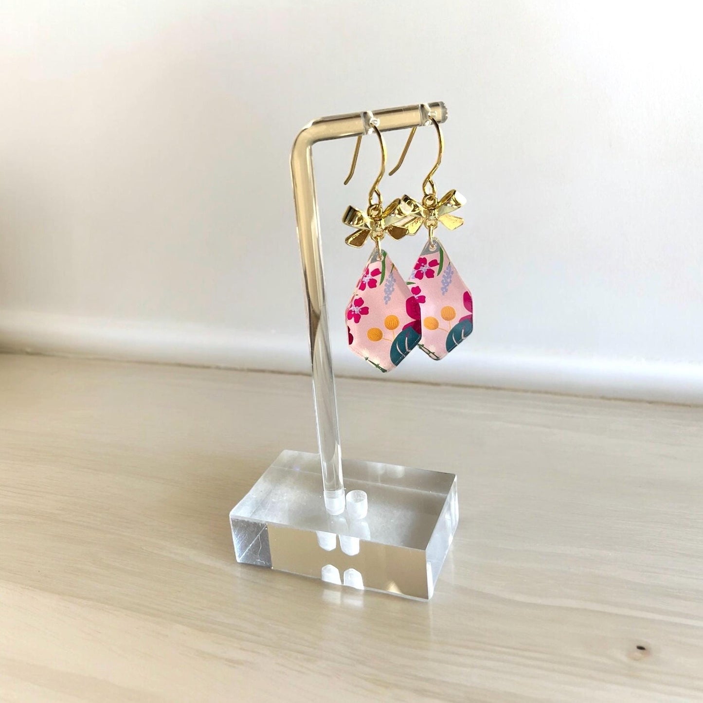 Floral Acrylic Teardrop Earrings with Gold Bows